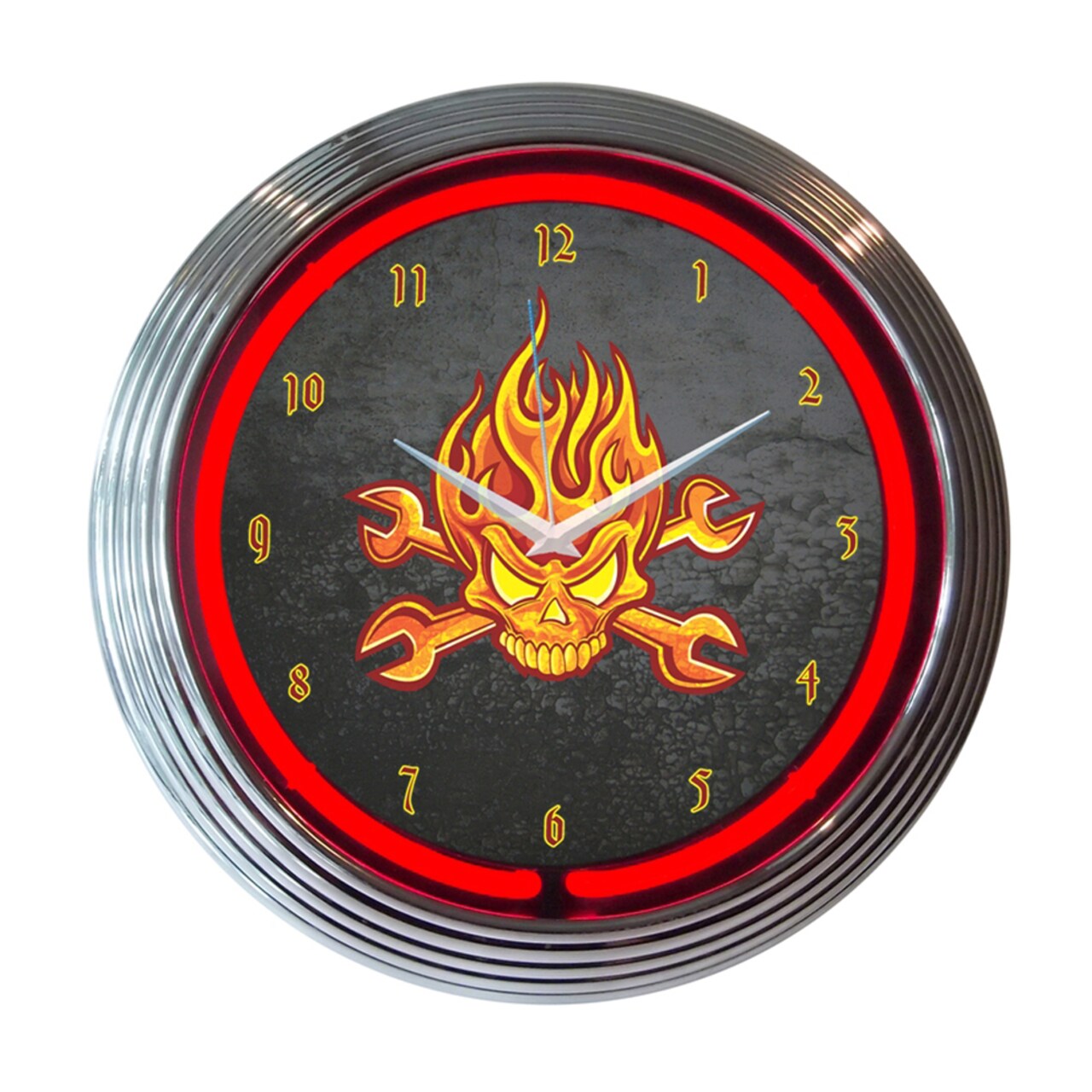 Neonetics Home Indoor Restaurant Kitchen Decorative Mechanic Fire Skull And Wrenches Neon Wall Clock